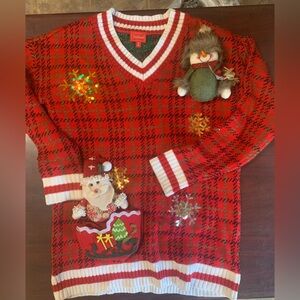 Red Plaid Holiday ladies Ugly Christmas sweater 3D Santa and snowman size M